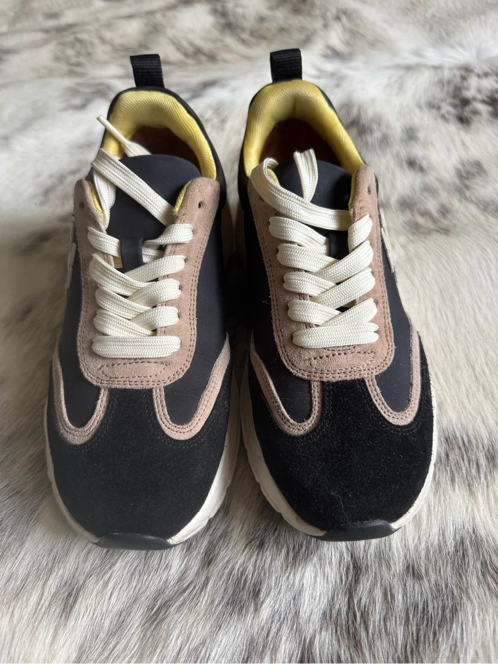 Tory Burch Black, Beige & Yellow Mixed-Material Platform Sneakers